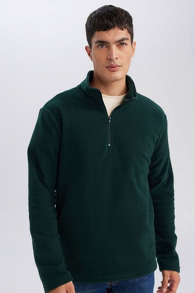 DeFacto Grünes, nicht pelzendes, kältebeständiges Fleece-Sweatshirt mit normaler Passform und Stehkragen und Reißverschluss Y3996azns