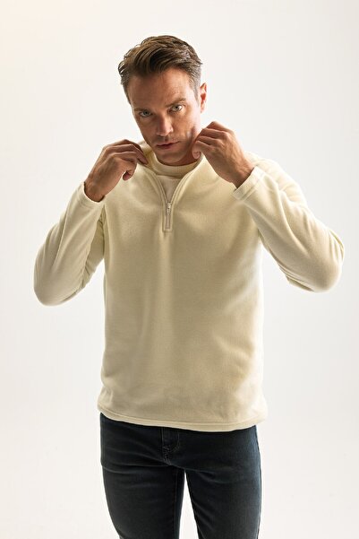 DeFacto Ecru, pillingfrei, kältebeständig, normale Passform, Stehkragen, Reißverschluss, Fleece-Sweatshirt Y3996azns