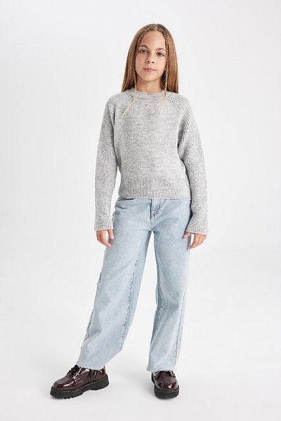 DeFacto Girl's Gray Crew Neck Basic Plain Knitwear Sweater C9554A824Au