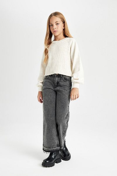 DeFacto Girl's Ecru Standard Fit Crew Neck Knitted Patterned Knitwear Sweater 3162332