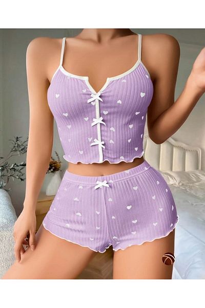 İntive Lingerie Lily Lilac Heart Patterned Ribbon Detailed 100% Cotton Thin Strap Bustier Shorts Set
