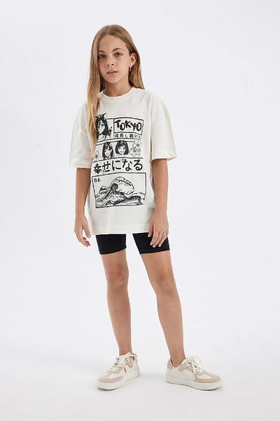 DeFacto 2-teiliges Set für Mädchen, bedruckt, kurzärmlig, T-Shirt, Leggings, Rundhalsausschnitt, D2956a824hs