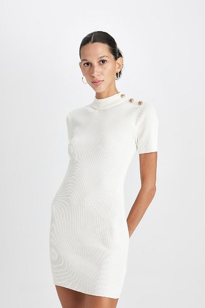 DeFacto Fitted Half Turtleneck Basic Plain Button Rib White Mini Dress D3455Ax24Au