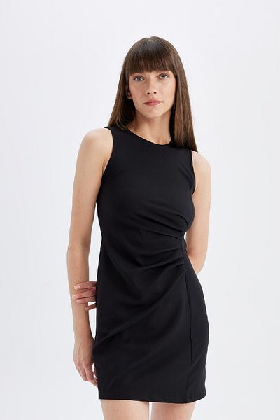 DeFacto Μαύρο Μίνι Φόρεμα Bodycon - Crew Neck, Draped Basic, Αμάνικο - D3065ax24au