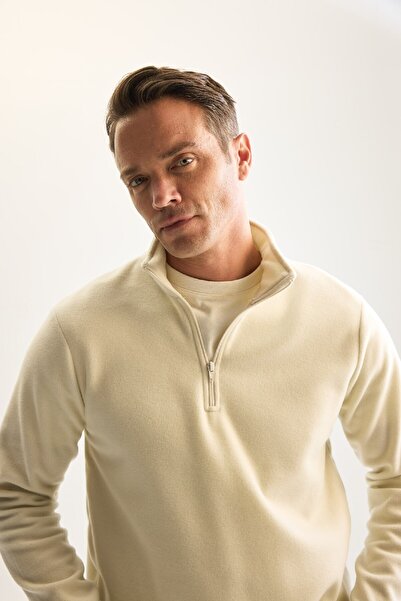 DeFacto Ecru, pillingfrei, kältebeständig, normale Passform, Stehkragen, Reißverschluss, Fleece-Sweatshirt Y3996azns