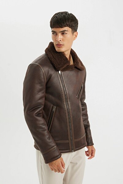 DeFacto Slim Fit Dar Kesim Suni Kürk Astarlı Fermuarlı Cepli Süet Deri Kışlık Ceket Mont C5636AX24WN