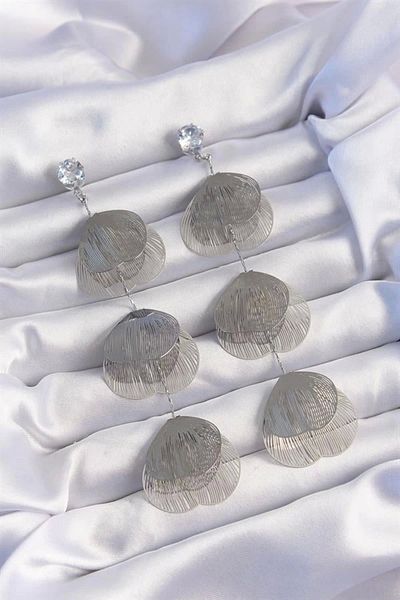EDALKILIÇ Brass Silver Color Zircon Jewelled Line Plate Dangle Earrings