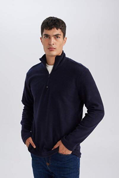 DeFacto Marineblaues, kältebeständiges Polar-Sweatshirt mit normaler Passform – Stehkragen, Reißverschluss Y3996azns