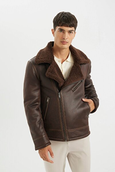 DeFacto Slim Fit Dar Kesim Suni Kürk Astarlı Fermuarlı Cepli Süet Deri Kışlık Ceket Mont C5636AX24WN