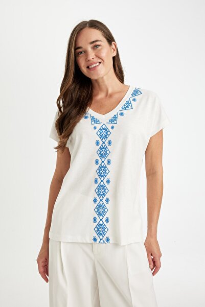 DeFacto Tricou cu mânecă scurtă din bumbac pieptănat cu decolteu în V