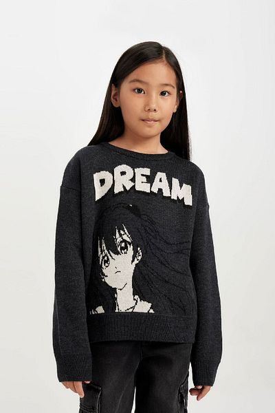 DeFacto Girl's Crew Neck Printed Knitwear Sweater C9665A824Wn