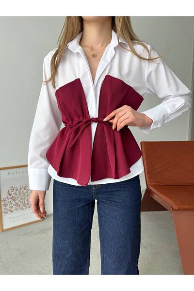 Alegre Lace-Up Burgundy Bustier Detailed White Shirt