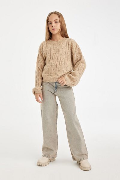 DeFacto Girl's Crop Crew Neck Hair Braided Knitwear Sweater C9731A824Au