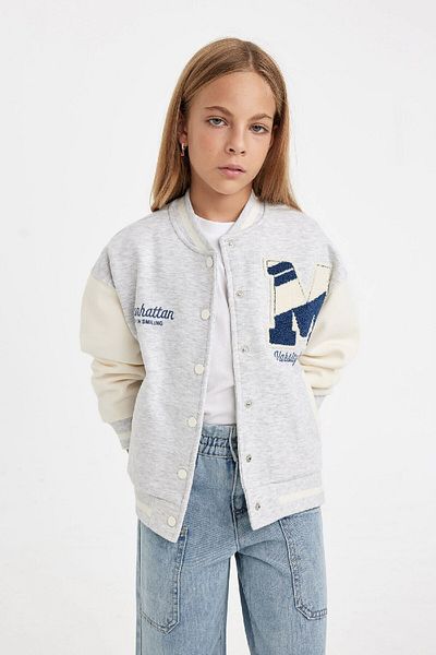 DeFacto Girls' Printed College Collar Snap Closure Pocket Seasonal Lightweight Soft Furry Bomber Cardigan
