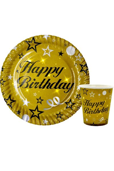 CUGY Gold 8-Piece Plate and Cups Set with Happy Birthday Written