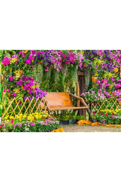Zumzeria Bancă din lemn Tablou Canvas, înconjurată de flori luxuriante de pri...