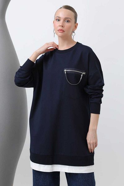Puane Women's Two Thread Pocket Part Chain Detailed Dark Blue Tunic 10620