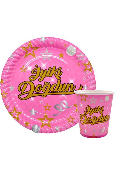 CUGY Pink Happy Birthday Written 8 Piece Plate Cup Set