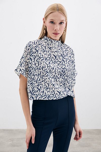 Sateen Μπλούζα με μοτίβο μανίκι νυχτερίδας - Navy Blue