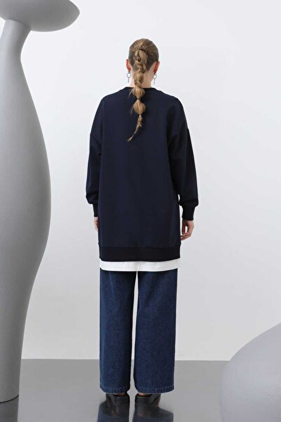 Puane Жіноча туніка з двома нитками на кишені та ланцюговим декором, темно-синя 10620