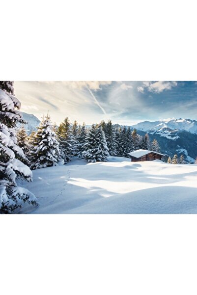 Zumzeria Tablou Canvas Snowy Hut In Mountain Valley, 80x50cm, tabloucanvas123...