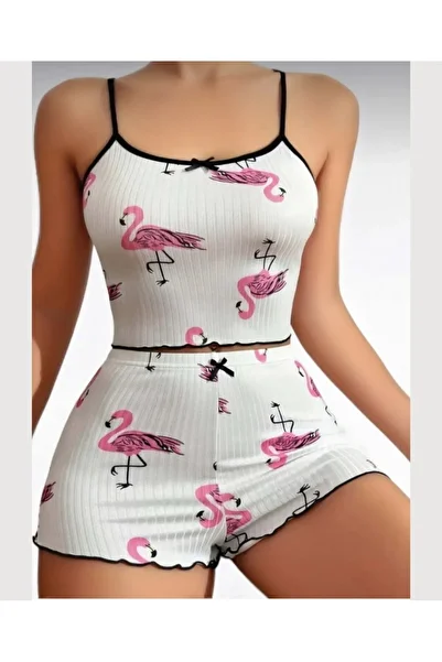 İntive Lingerie Lily Pink/White Flamingo Print 100% Cotton Thin Strap Bustier Shorts Set