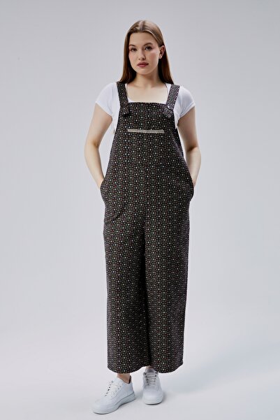 Nisa Koyu Yeşil Çiçekli Askılı Cepli Kopanaki Detaylı Pazen Kadın Salopet