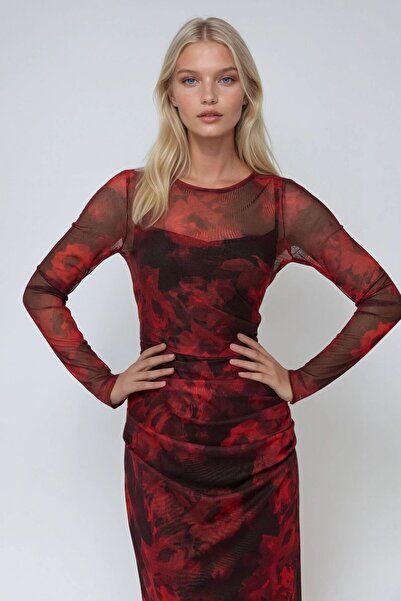 Hiccup Çiçek Desenli Bodycon Maxi Tül Elbise