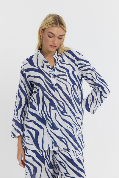 TCT TEKSTİL بلوزة منقوشة بأكمام طويلة - قميص نصف فتحة - سلوب - 1540