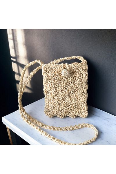 By G Tasarım Straw Color Kağıtip Knitted Phone Bag / Mini Bag