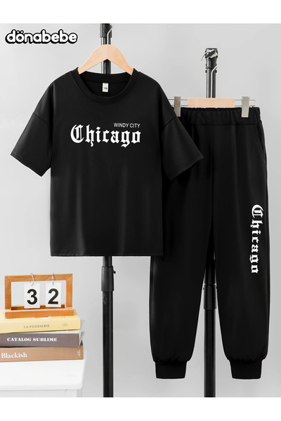 PENTHİLUS Chicago Letter Print Casual Outfit - Black Short Sleeve T-Shirt and Joggers
