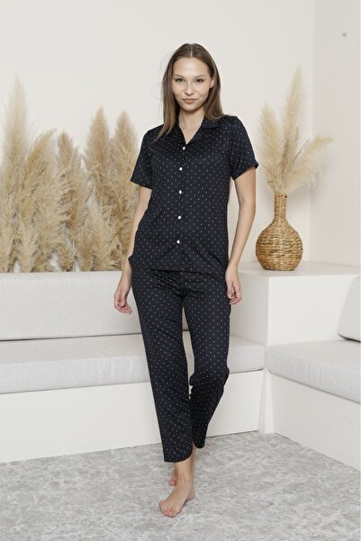 Kısa Kol Milan Pijama Takımı Siyah Puantiyeli Desenli ANNE-KIZ KOMBİN