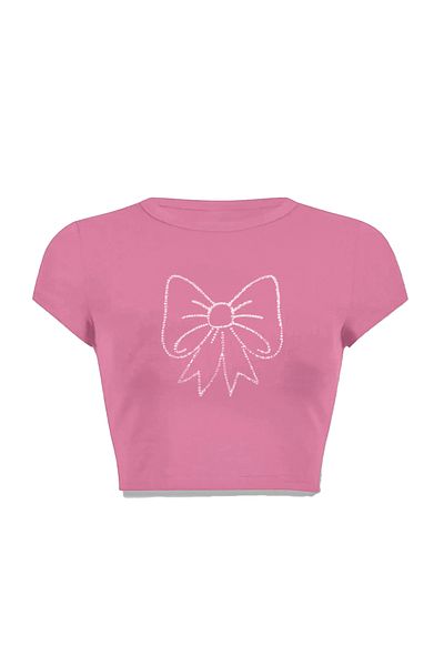 3 ROPE Φιόγκος με μοτίβο κορδέλας Rhinestone Stone Printed 100% Cotton Crop Pink