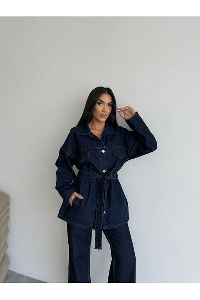 369 etnik butik Navy Blue Women's Denim Suit with Belted Pocket and Stitching Detail - Jacket + Wide Leg Trousers (2 Pieces)