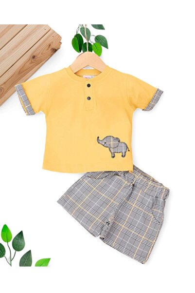 Ege Bebek طقم أطفال أولادي مطرز بنقشة الفيل منقوشة صيفية بأزرار وياقة محكمة 6...