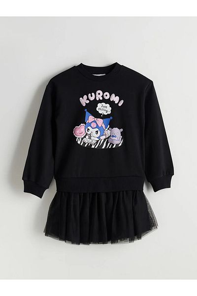 LC Waikiki Lcw Kids Black Crew Neck Kuromi Printed Girls' Dress