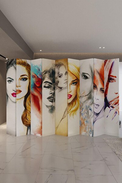 Fupe Shop Doğal Ahşap Kadın Figürler Tek Taraf Baskılı 9 Kanat Paravan Sepera...