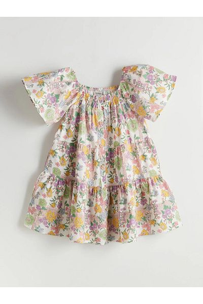 LC Waikiki Dívčí květinové šaty LCW Kids Ecru s čtvercovým límcem