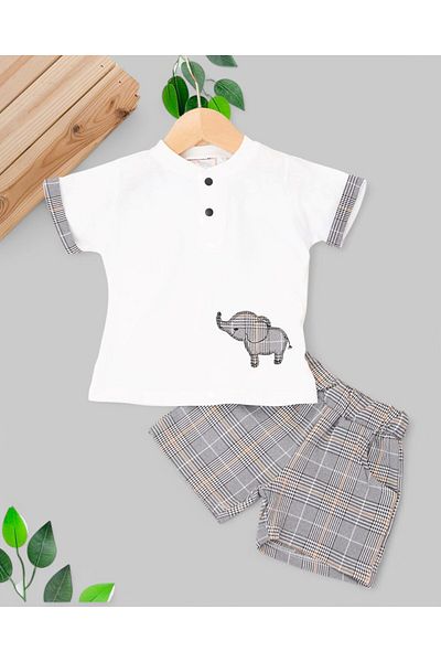 VOY KİDS Baby Boy Elephant Embroidered Plaid Shorts Summer Buttoned Judge Collar 6-9-12-18-24 Months Baby Set
