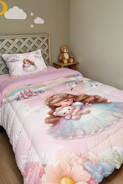 EVPANYA Princess Patterned Single Duvet and Pillowcase with Teddy Bear
