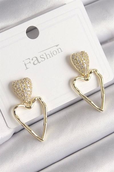 TREND Brass Gold Color Zircon Stone Heart Model Women's Earrings