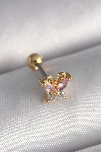 Clariss 316l Celik Gold Renk Pembe Zirkon Taşlı Kelebek Tragus Piercing