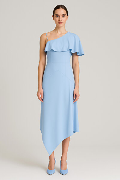 MERT ERKAN Asimetrik Detaylı Buz Mavi Şık Davet Elbisesi