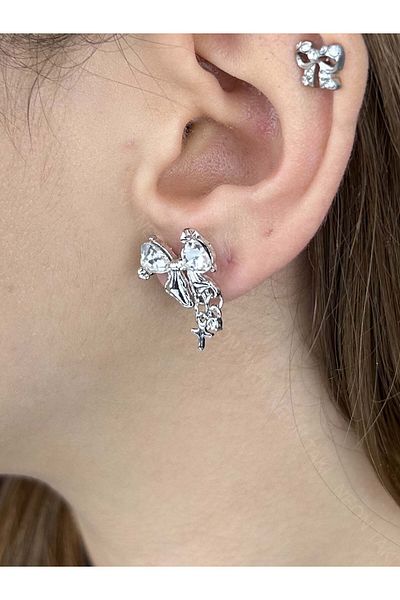 Neon Takı by Atalay Receptivity Sticker and Zircon Stone, Ribbon Figured Vip Earrings 596, Silver Color