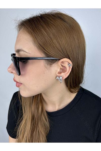 Neon Takı by Atalay Receptivity Sticker and Zircon Stone, Ribbon Figured Vip Earrings 596, Silver Color