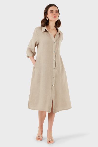Via Dante Regular Fit Three Quarter Sleeve Midi Linen Dress Dress 6689687