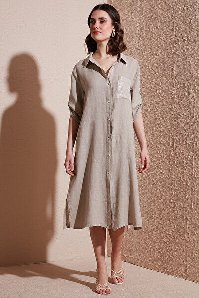 Via Dante Regular Fit Three Quarter Sleeve Midi Linen Dress Dress 6689687