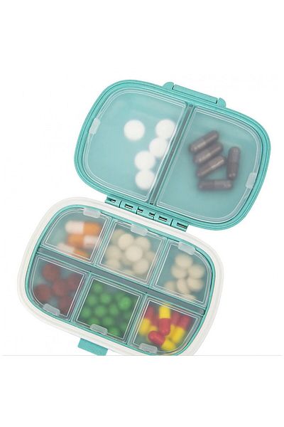 Flippy Organizator medicamente, Plastic, 8 compartimente, 0.1 L, Albastru, Flippy, 11 x 7 cm
