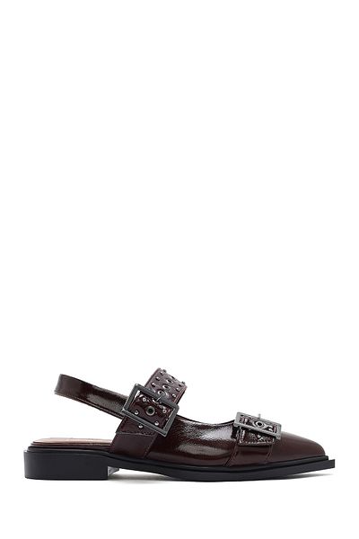 Derimod Women's Burgundy Open Back Buckle Patent Leather Ballerinas 25Sfd 140816