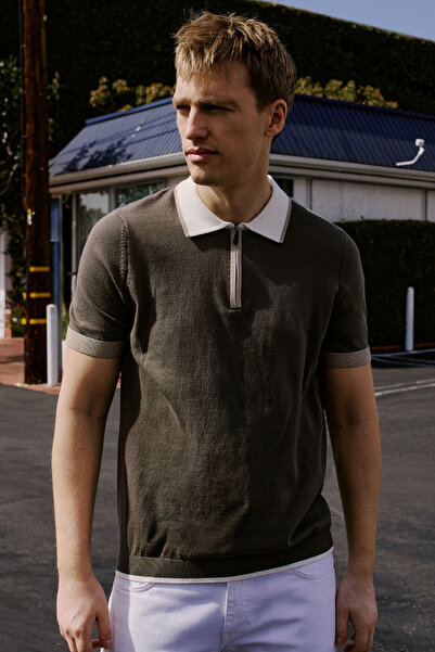 ALTINYILDIZ CLASSICS 100% Cotton Standard Fit Regular Cut Polo Neck Knitwear Khaki Knitwear T-Shirt